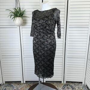 Kiyonna Black Gold Floral Lace Lined Sheath Dress Party Cocktail‎ Plus Size 1X
